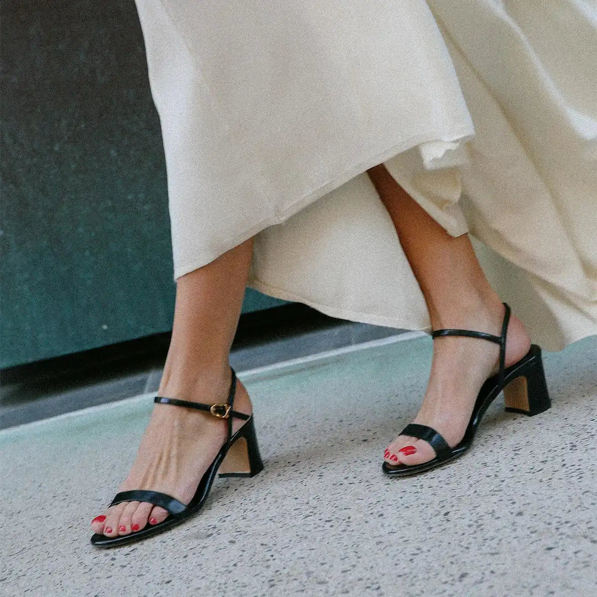 The Cleo Sandal - Black Crinkle-Gloss Nappa