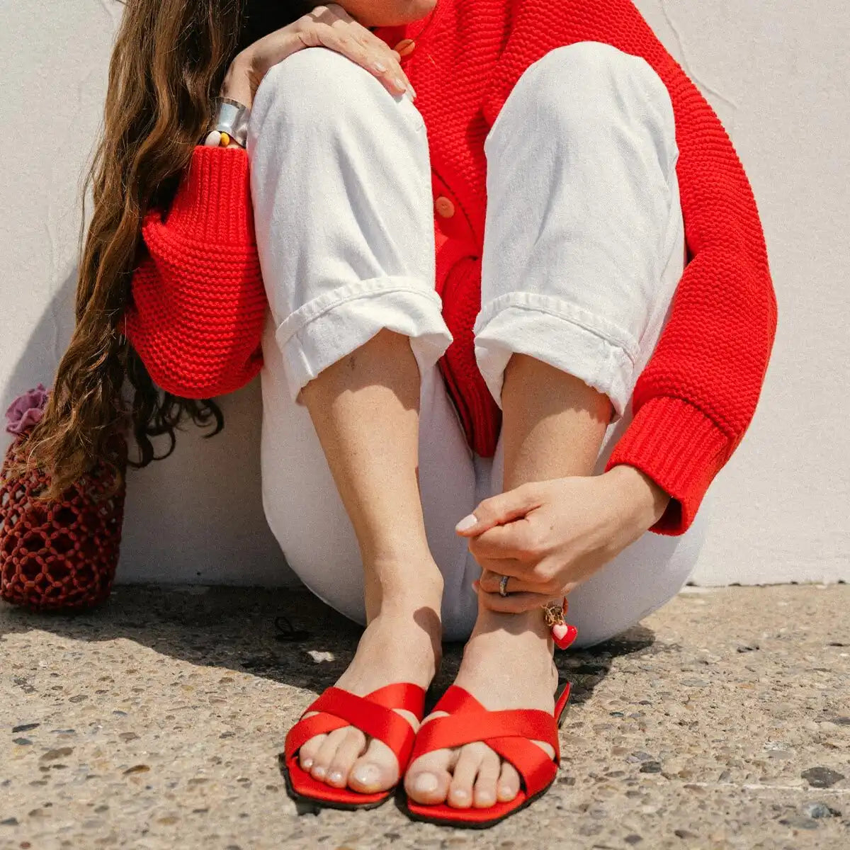 Alex Mill x Margaux: The Selene Flat Sandal - Poppy Satin